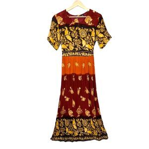 M MPH Vintage Maxi Dress Crinkle Rayon Short Sleeve Bohemian Ethnic Beaded Boho
